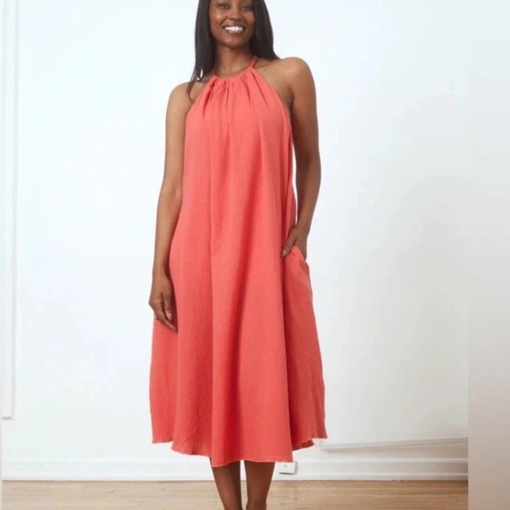 Shebird Sofia Gauze Midi Dress Womens 6 Coral Pink Halter Built-in Bra Flowy